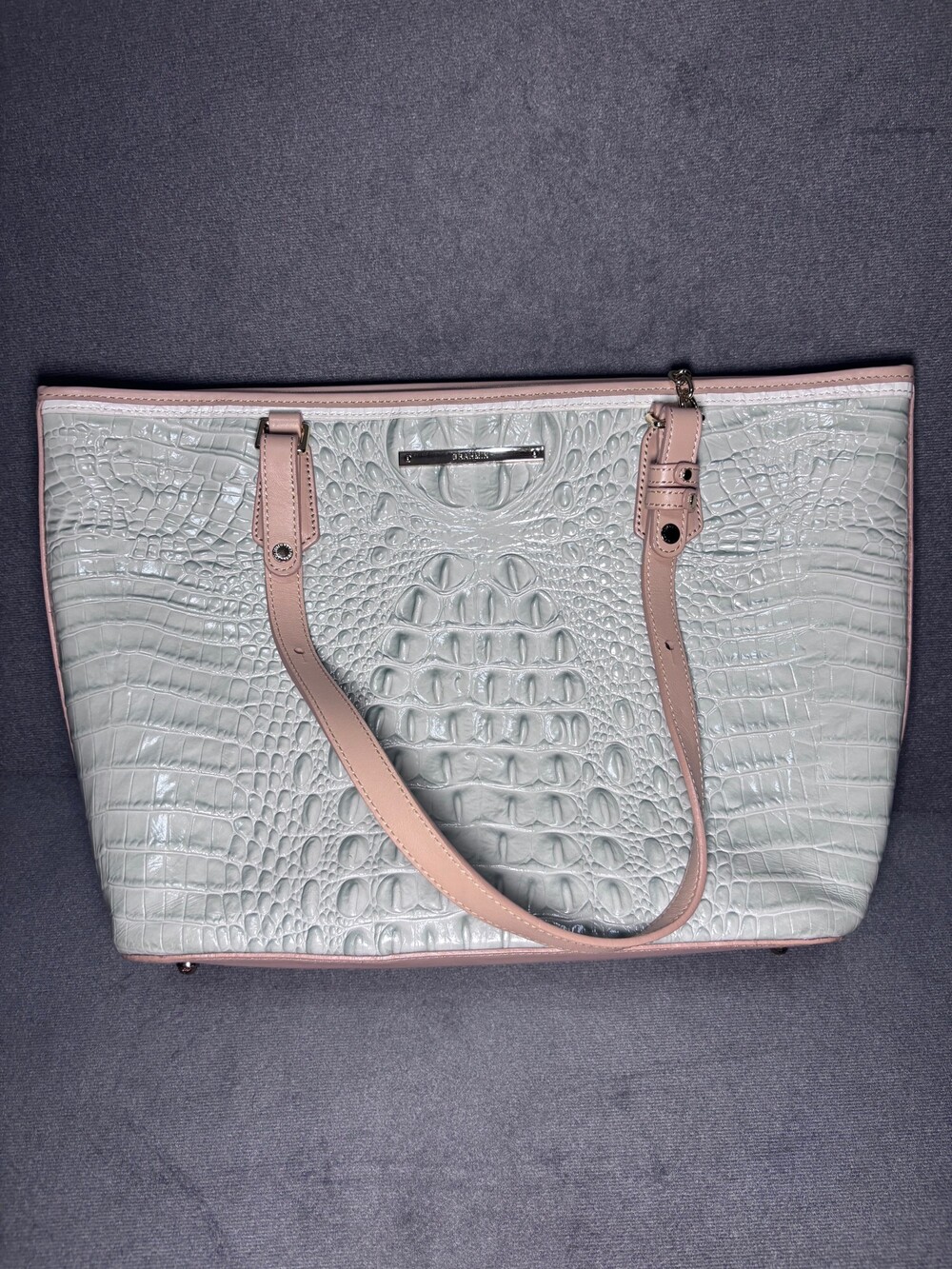 Brahmin Croc Embossed Handbag Light Blue Leather Tote
